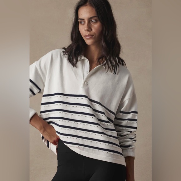The Upside White Navy Wonder Striped Cotton Polo Collared Sweater - Picture 8 of 16